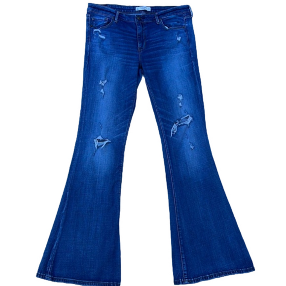 American Eagle AE High Waist Distressed Flare Stretch Blue Denim Jean - Sz 12/31 - Picture 1 of 15